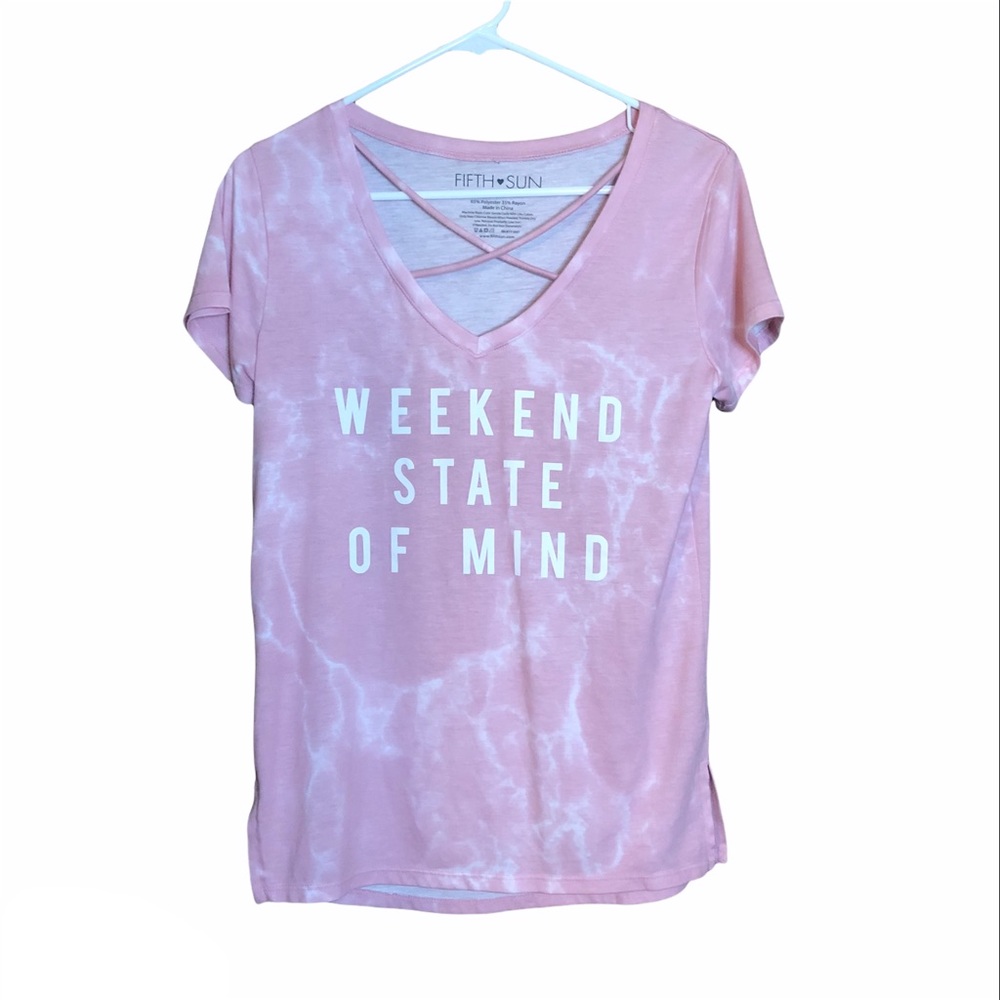 Large Fifth Sun tee. Pink and white.